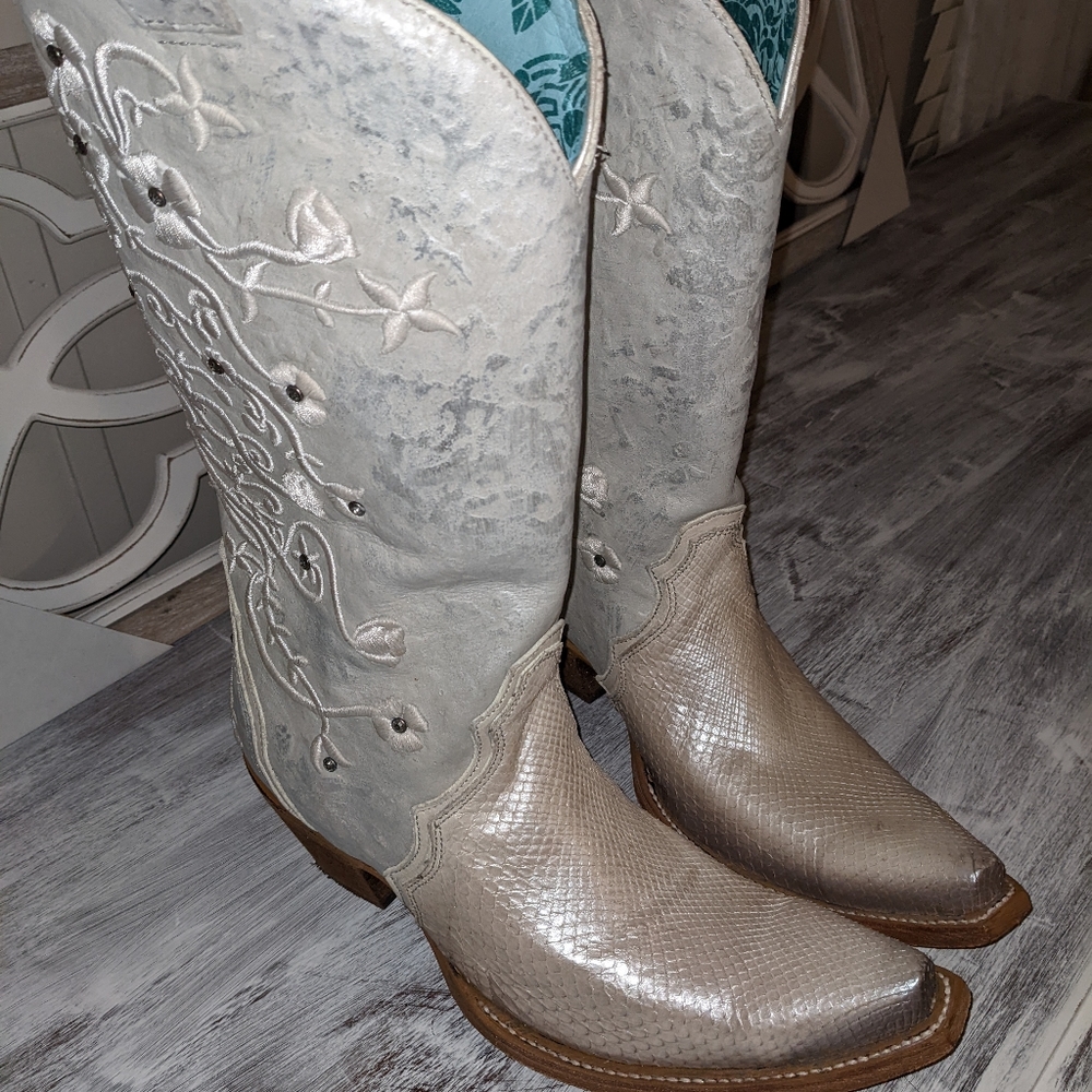 Coral snakeskin boots